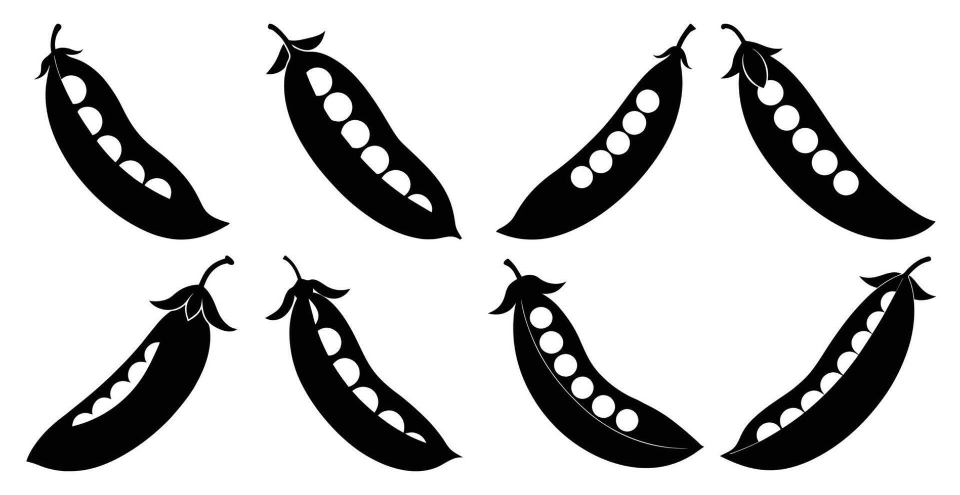 Collection of pea pod silhouettes in various positions. Perfect for food, agriculture, or healthy eating designs. vector