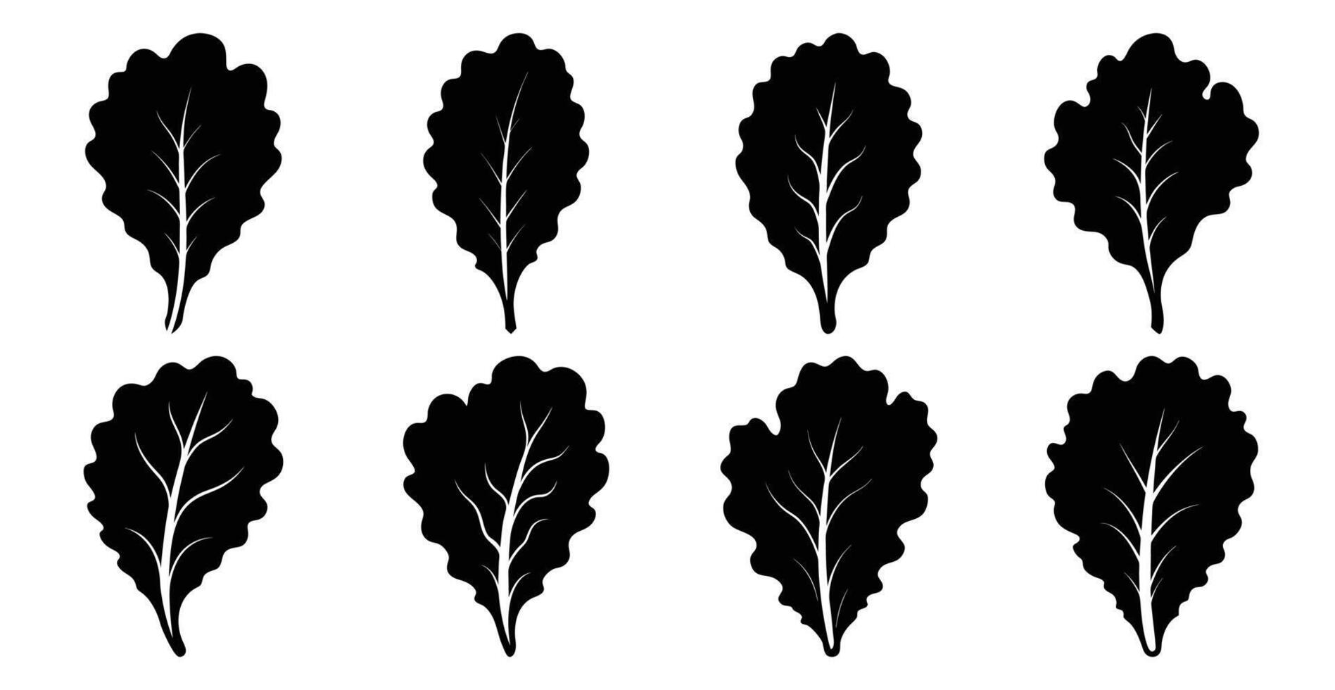 Set of eight black kale leaf silhouettes. Perfect for healthy eating, vegan, vegetarian, or farm to table designs. vector
