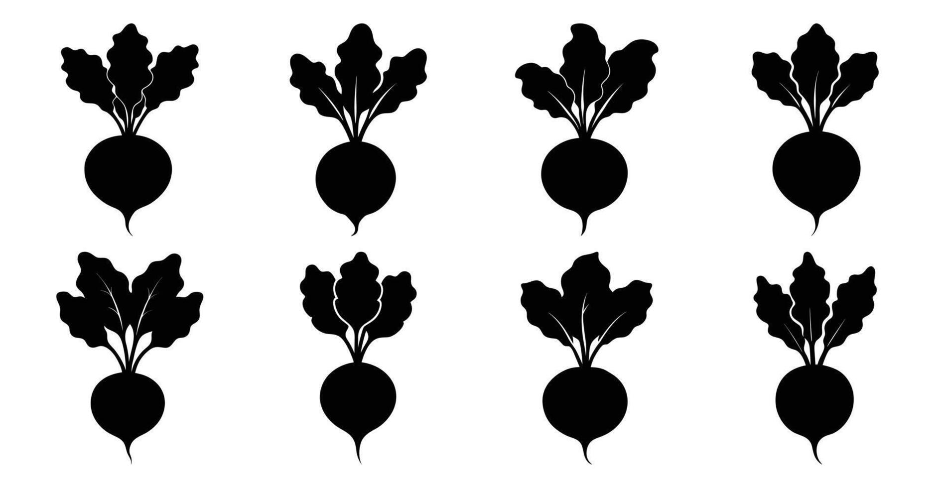 Collection of eight beetroot silhouettes, perfect for culinary designs, healthy eating concepts, or farm fresh illustrations. vector