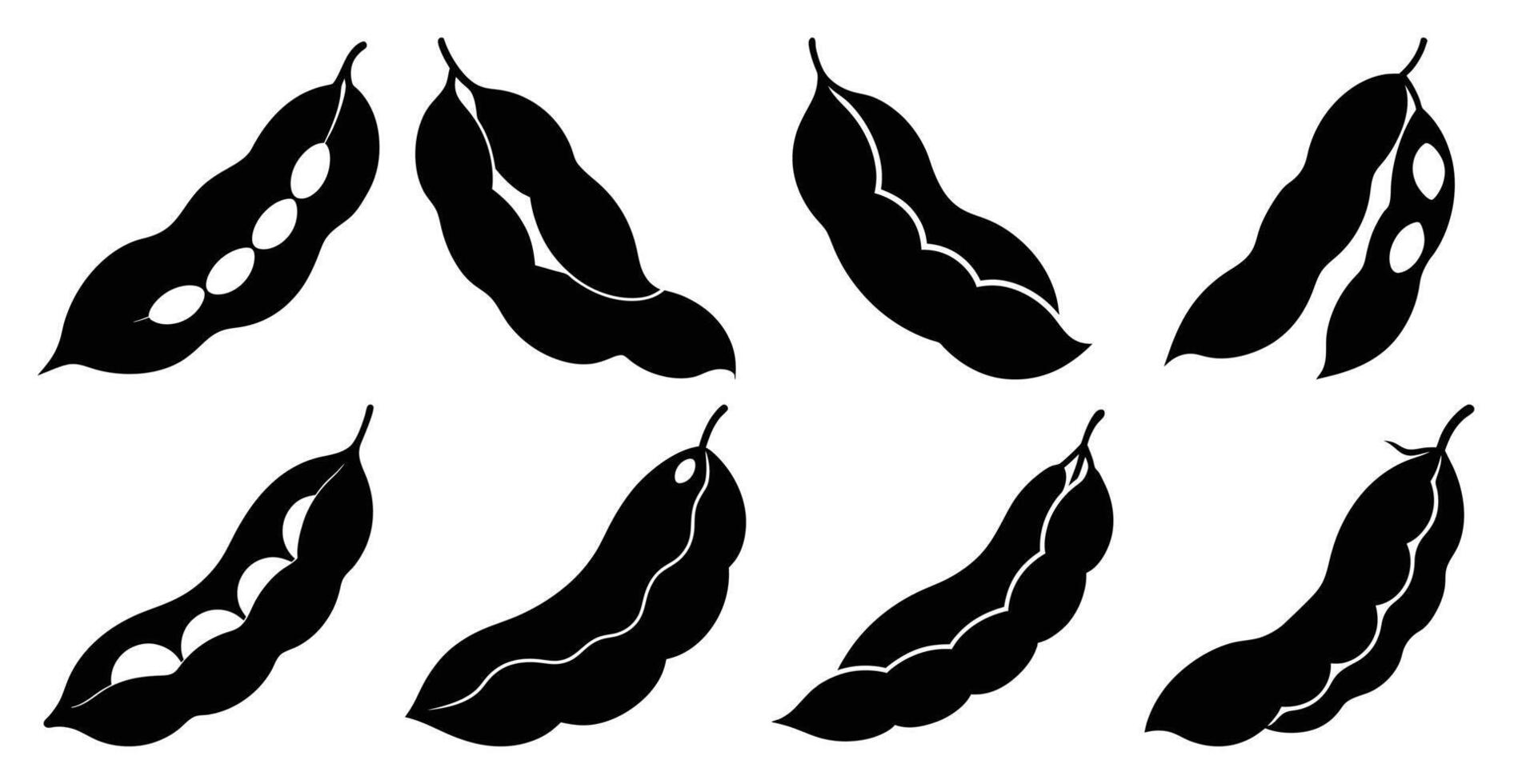 Collection of Soybean Pod Icons, Black and White Silhouettes for Agriculture, Food, and Health Designs vector
