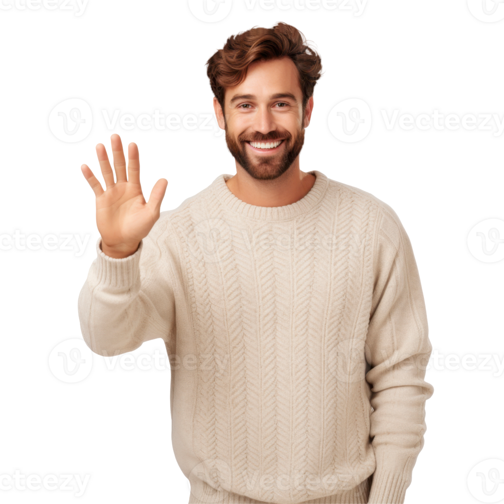 A man with a beard is wearing a white sweater and is waving isolated on transparent background png