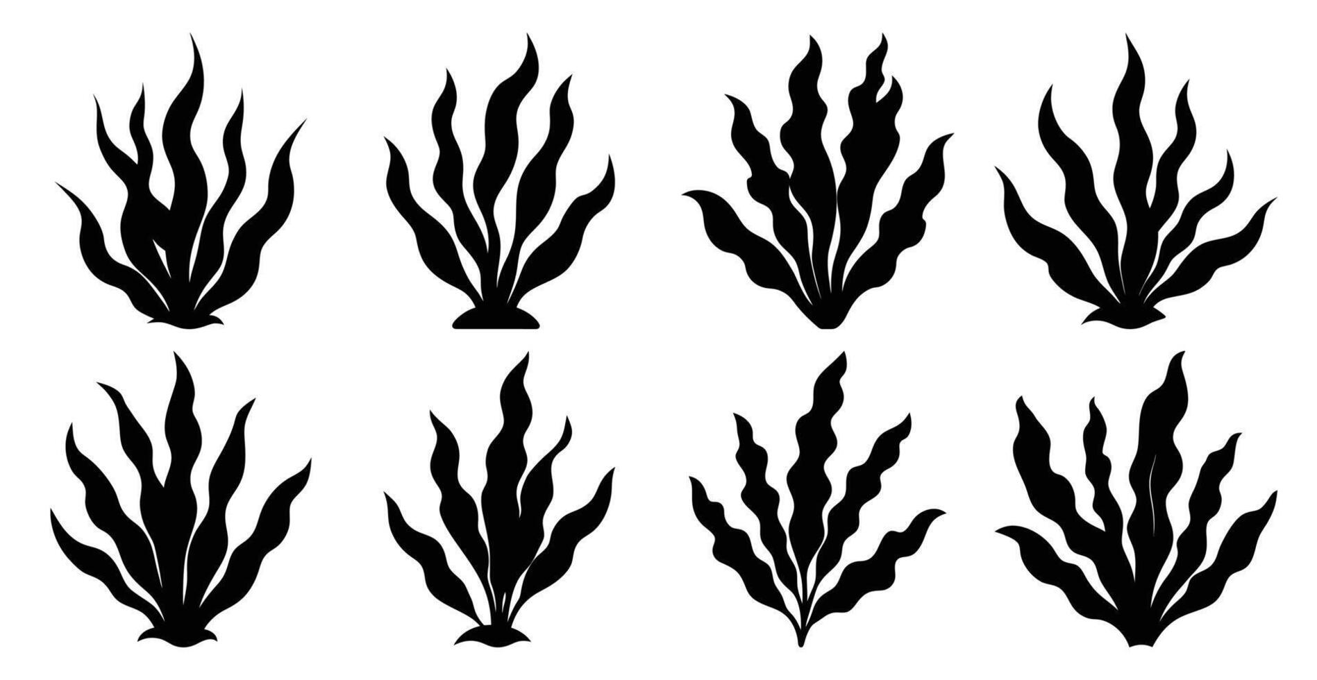 Collection of stylized seaweed silhouettes. Perfect for marine designs, logos, and illustrations. vector