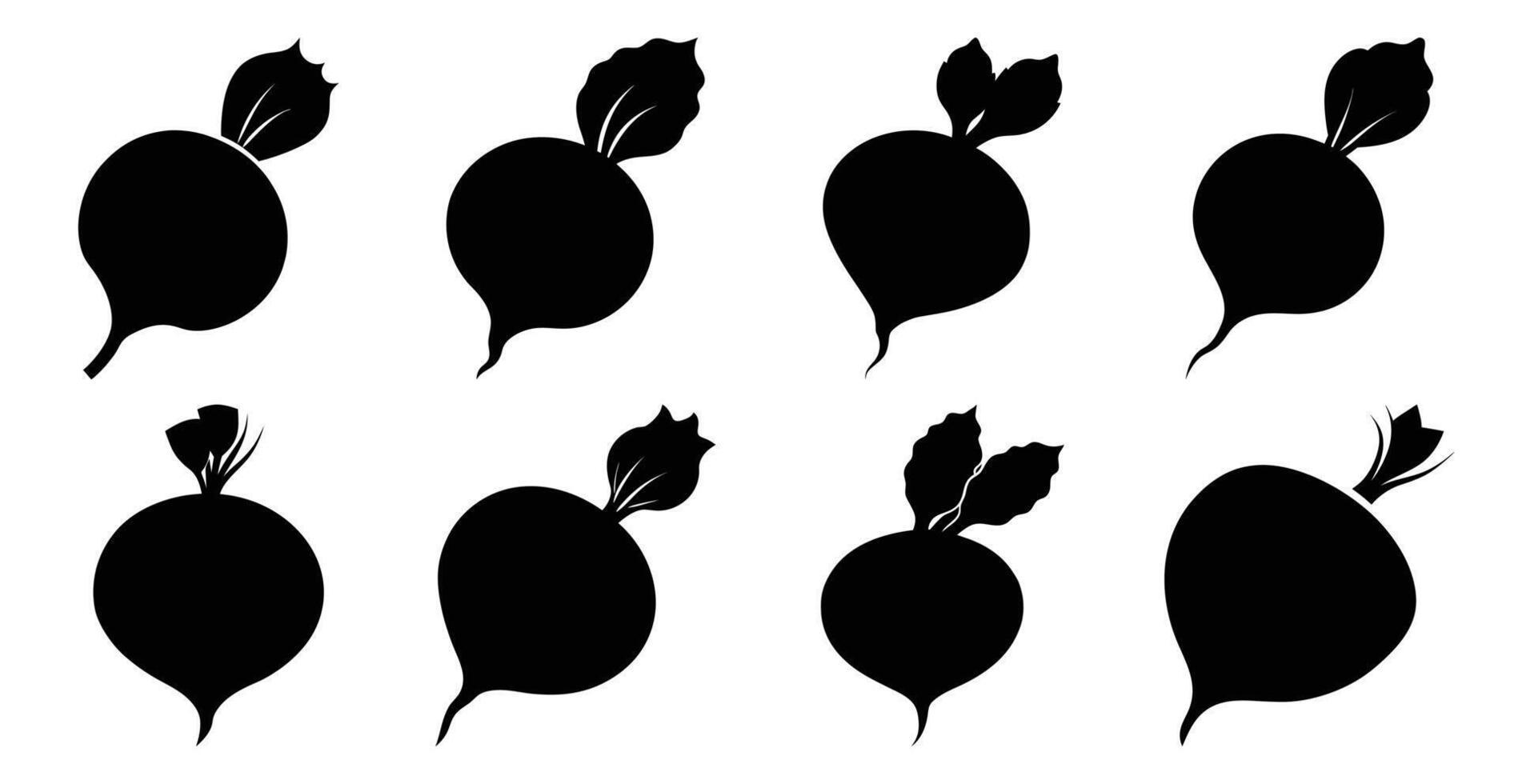 Collection of black beetroot silhouettes, various shapes and styles. Perfect for food, health, or farming designs. vector