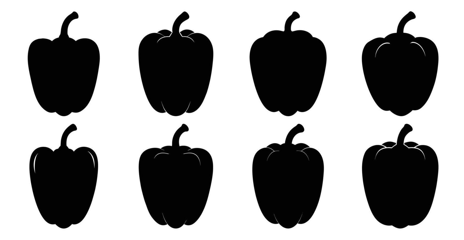 Collection of eight bell pepper silhouettes, various angles. Perfect for culinary, healthy eating, or farming concepts. vector