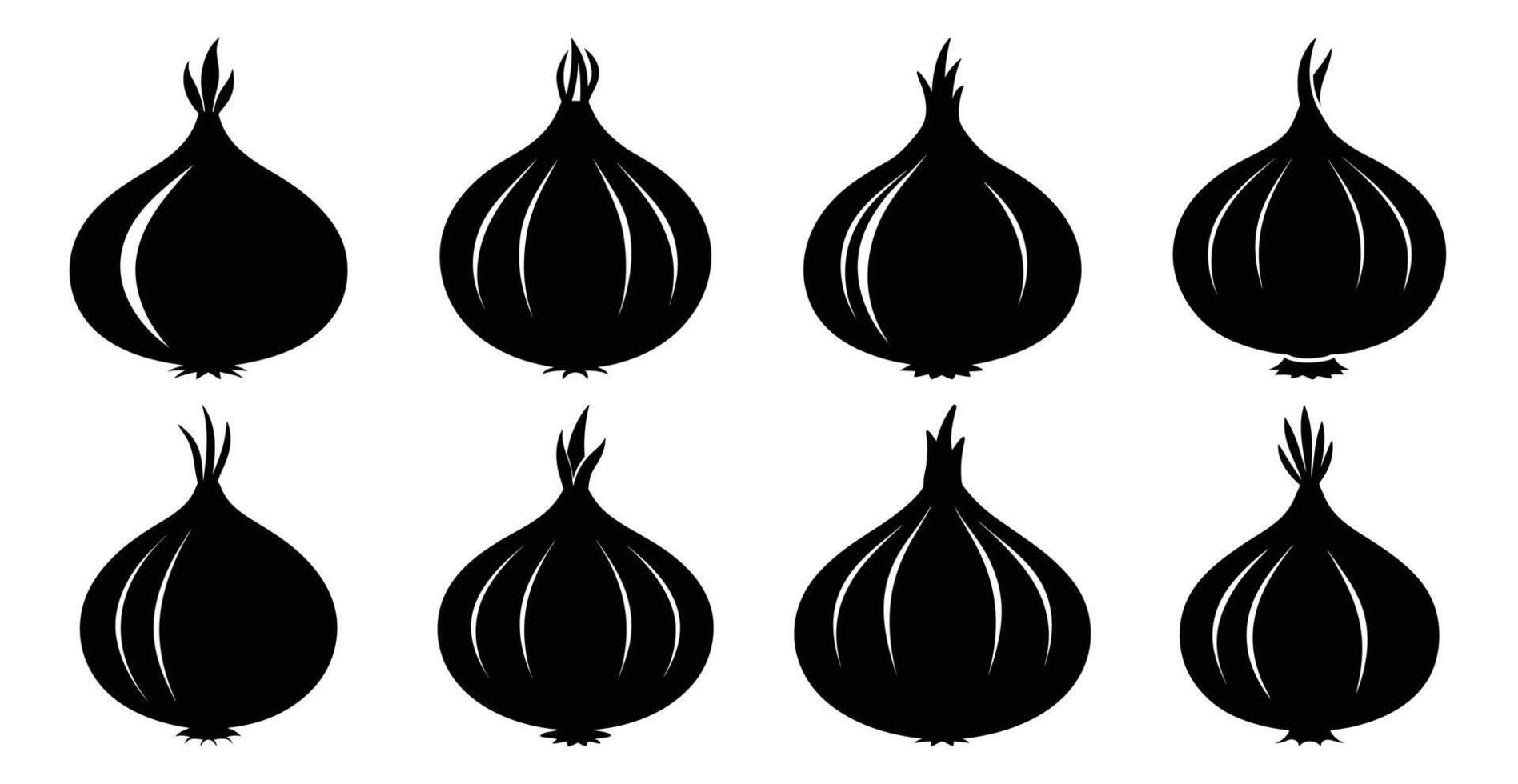 Set of eight black onion silhouettes. Perfect for culinary, farm to table, or healthy eating designs. vector