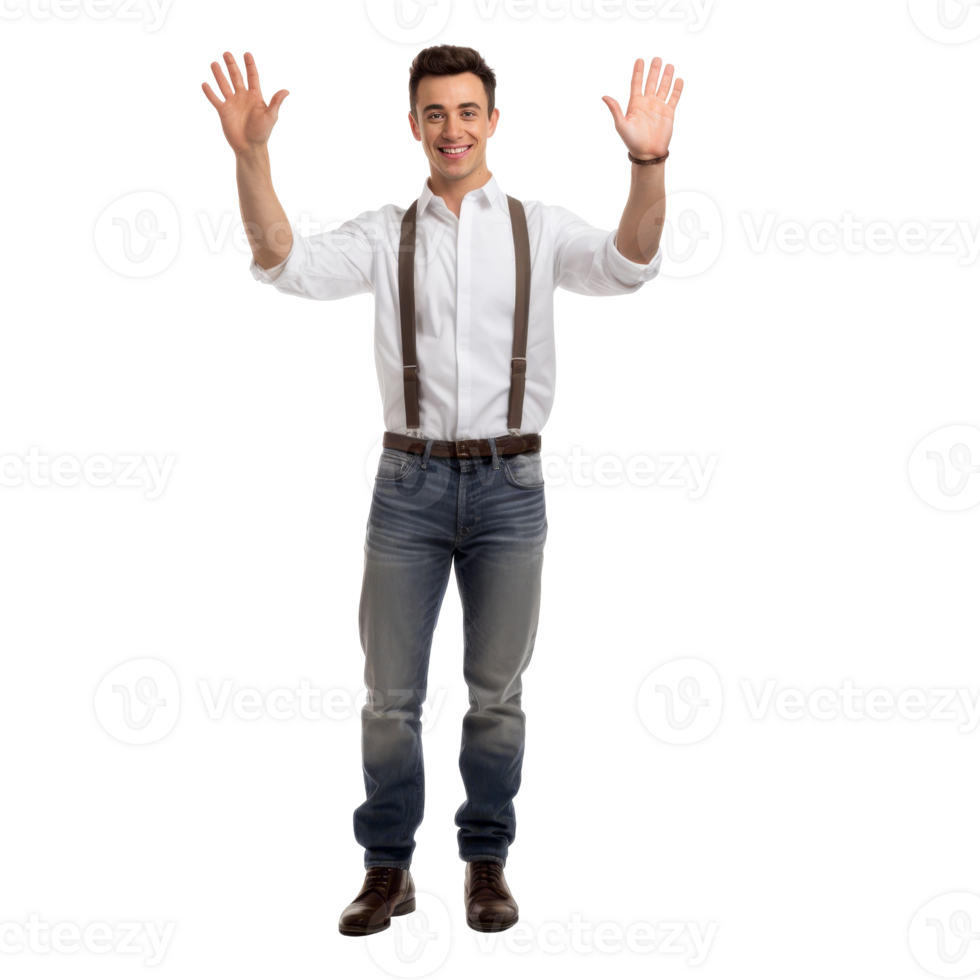 A man in a white shirt and blue jeans is holding his hands up isolated on transparent background png