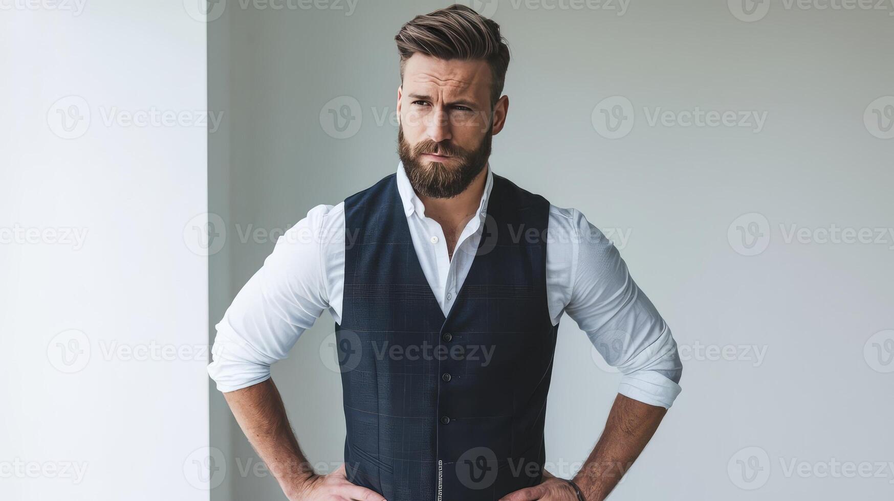 A man with a beard and vest standing in front of a white wall photo