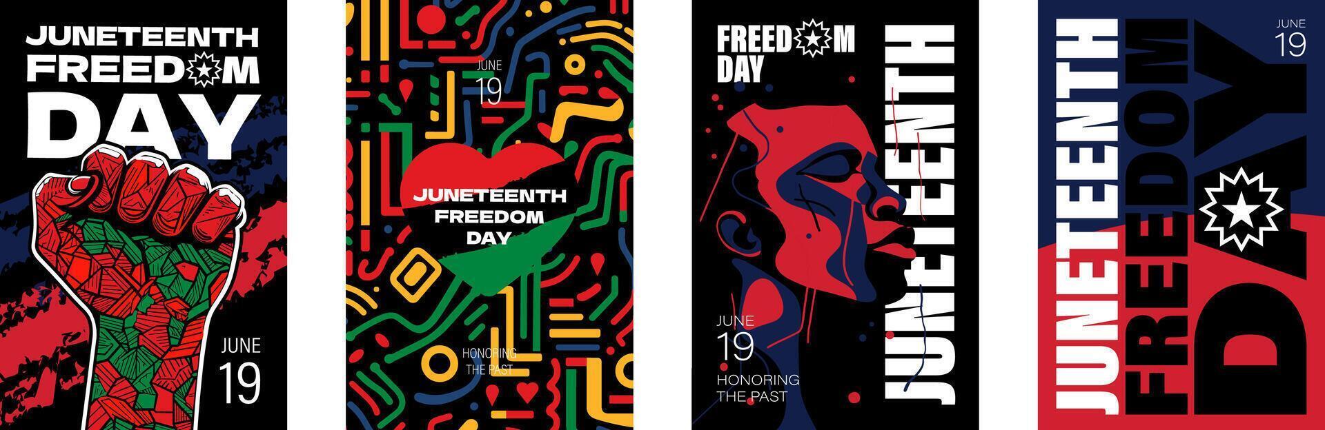 Juneteenth celebration poster with African American heritage. Raised fist with Juneteenth flag and powerful typography symbolizing freedom, unity and emancipation on June 19 1865. Bold eps print set vector