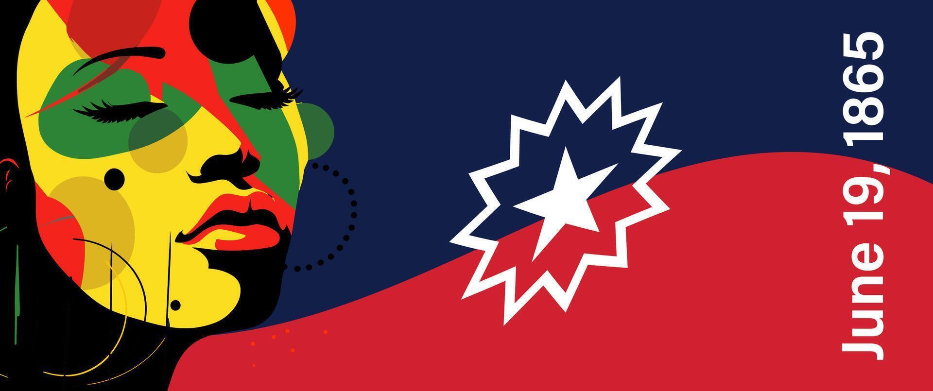 Juneteenth Freedom Celebration Horizontal Banner. Proud African American woman face on blue red flag with star. Symbol unity, heritage and liberty. Powerful tribute to history and tradition. Eps print vector