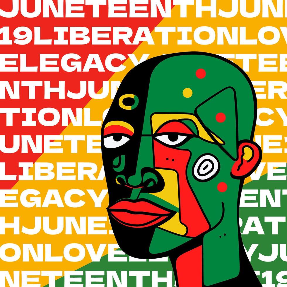 Juneteenth celebration banner with abstract yellow and black design. Square illustration abstract African American man and typography. Symbol of freedom, unity, pride and heritage. vector