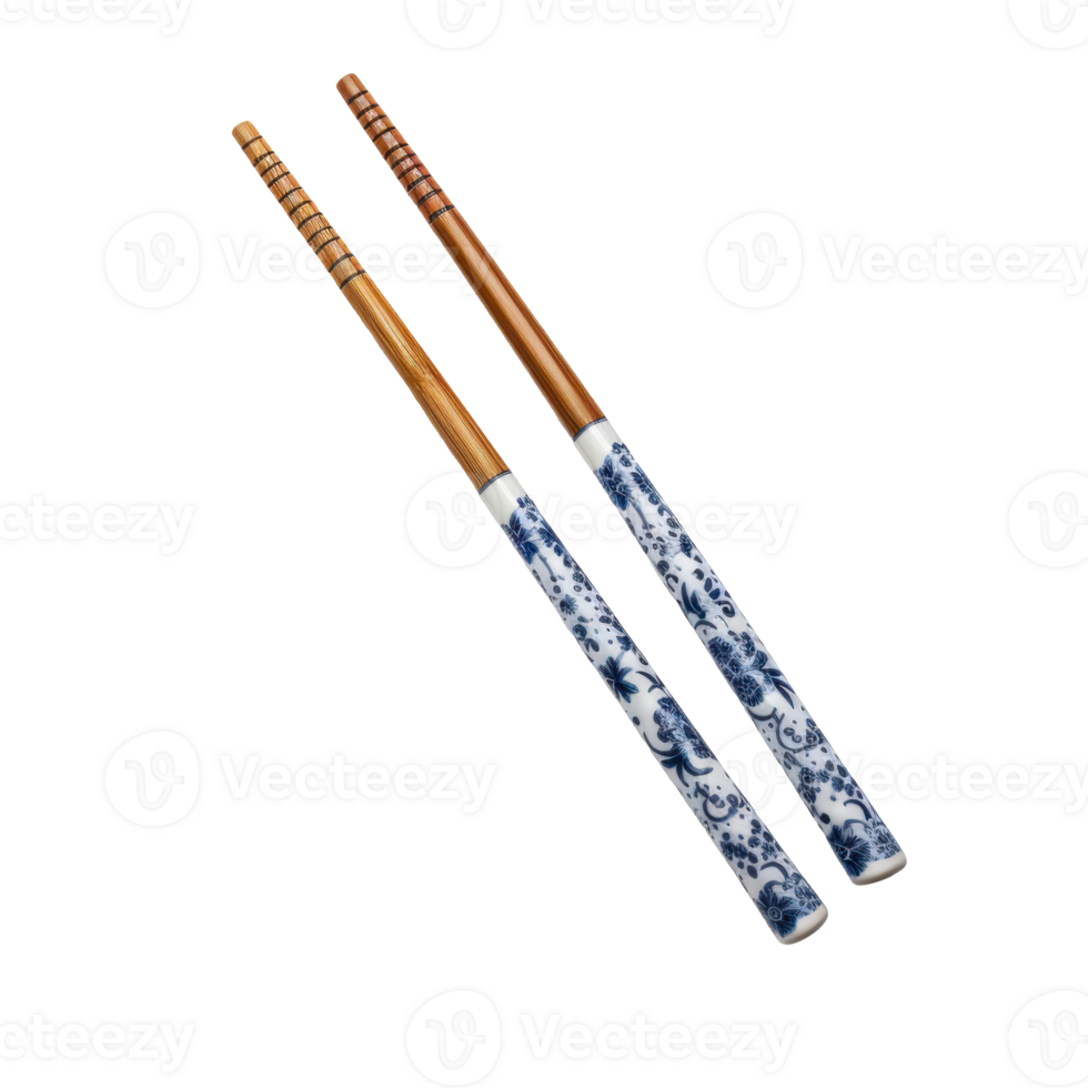 Two chopsticks with blue and white designs isolated on transparent background png