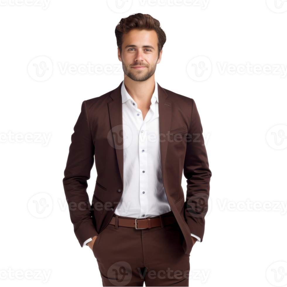 Handsome man in a brown suit and white shirt isolated on transparent background png