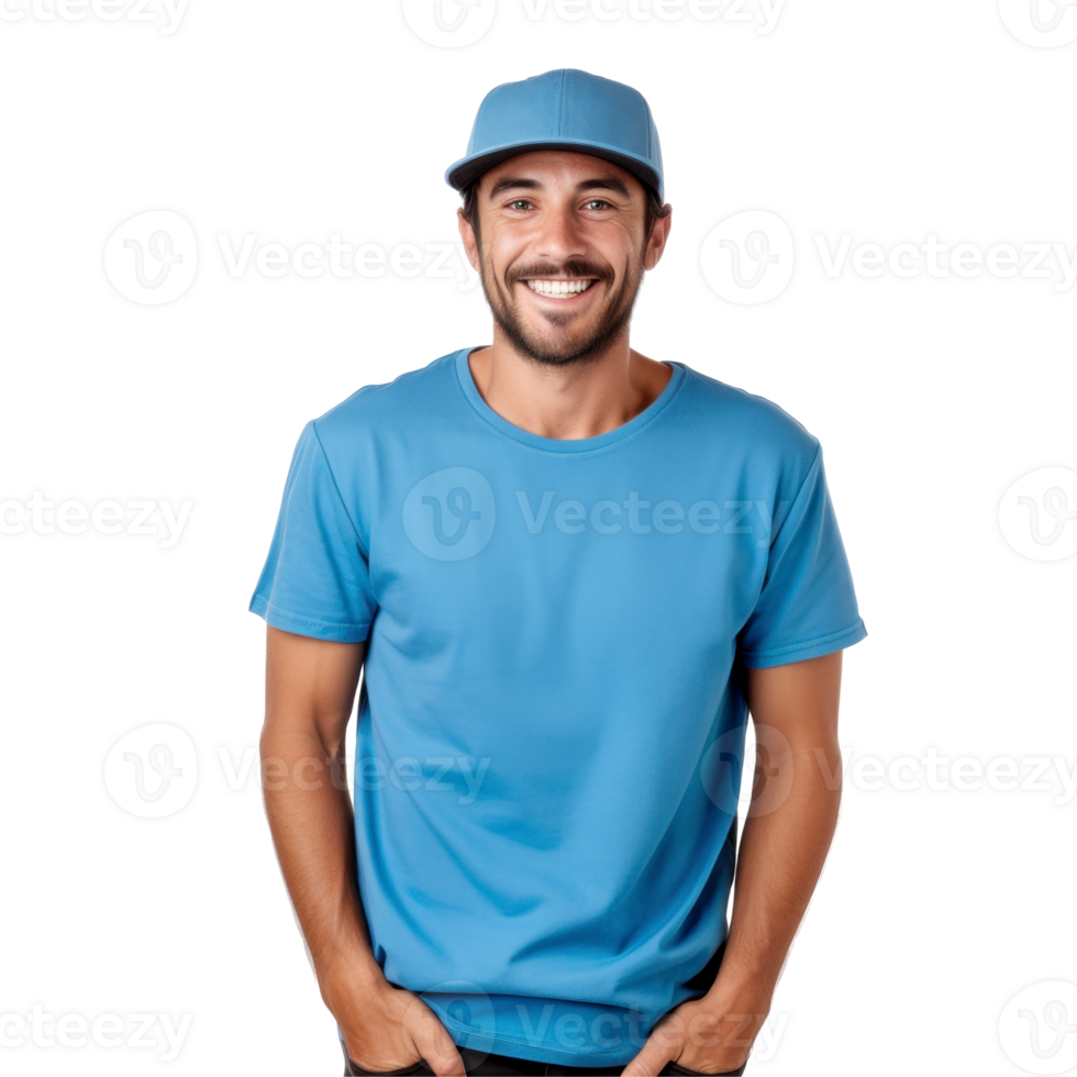 man wearing a blue shirt and a blue hat is smiling isolated on transparent background png