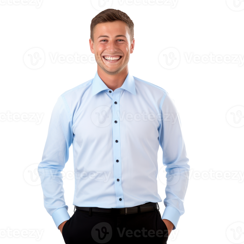 Smile face man is wearing a blue shirt and black pants isolated on transparent background png