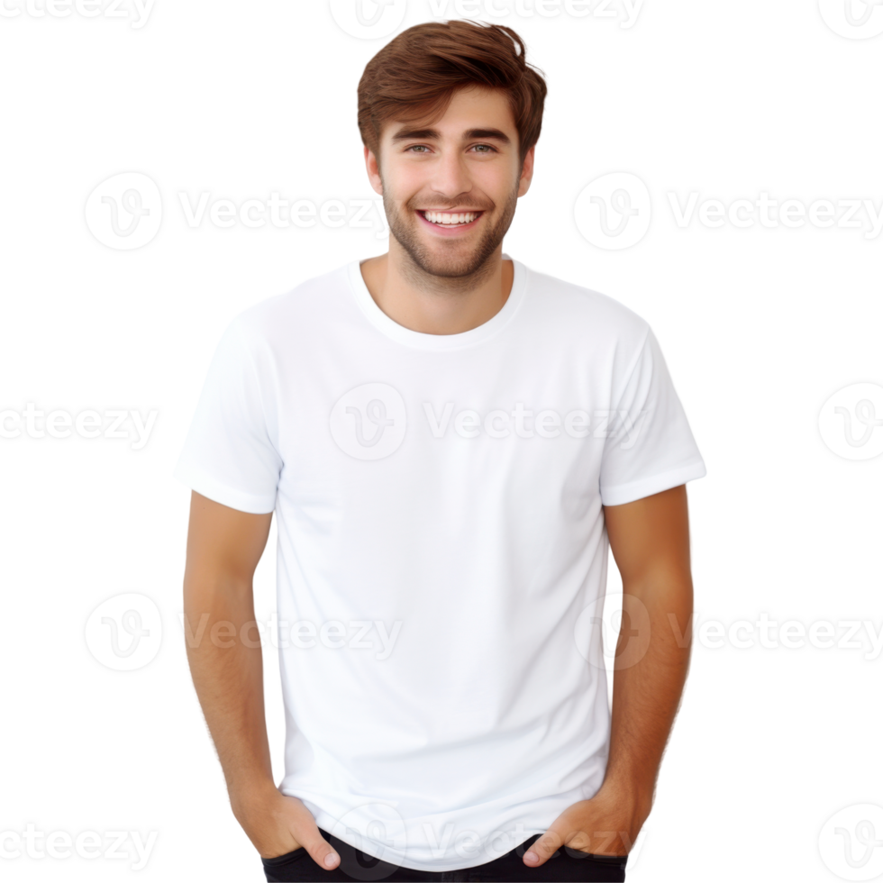 young man is wearing a white t-shirt and smiling isolated on transparent background png