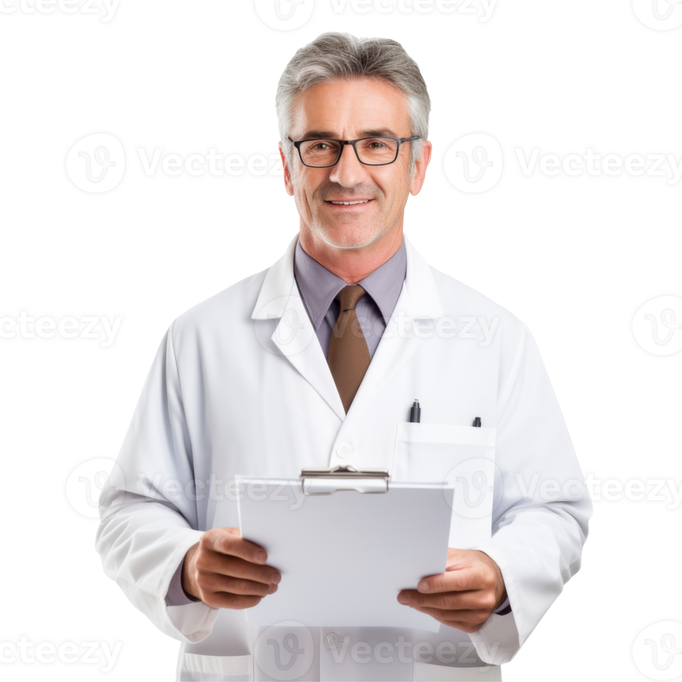 A man wearing a white lab coat and glasses holding a clipboard isolated on transparent background png