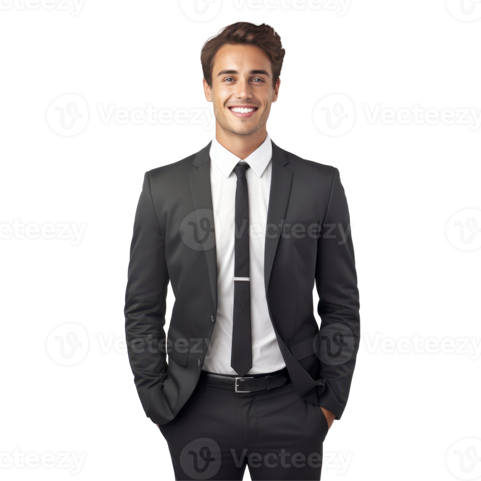 A man in a suit and tie is smiling isolated on transparent background png
