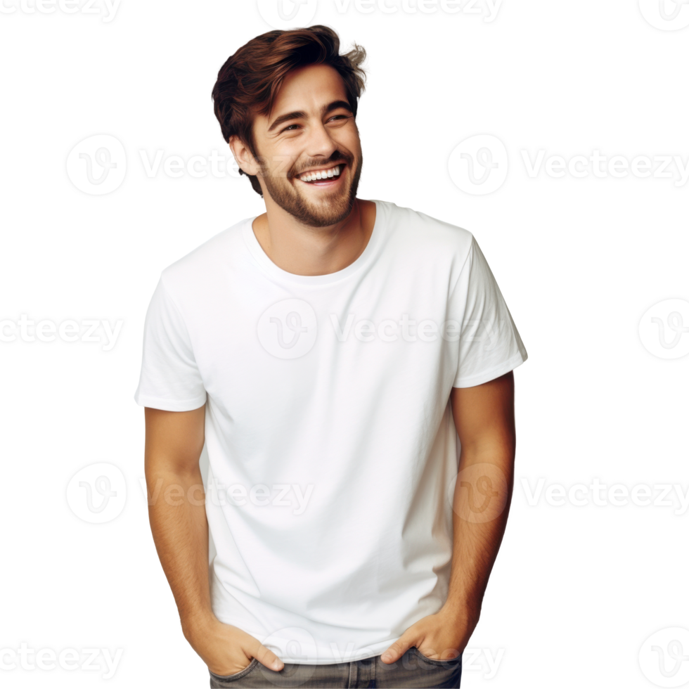 A man is smiling and wearing a white shirt isolated on transparent background png