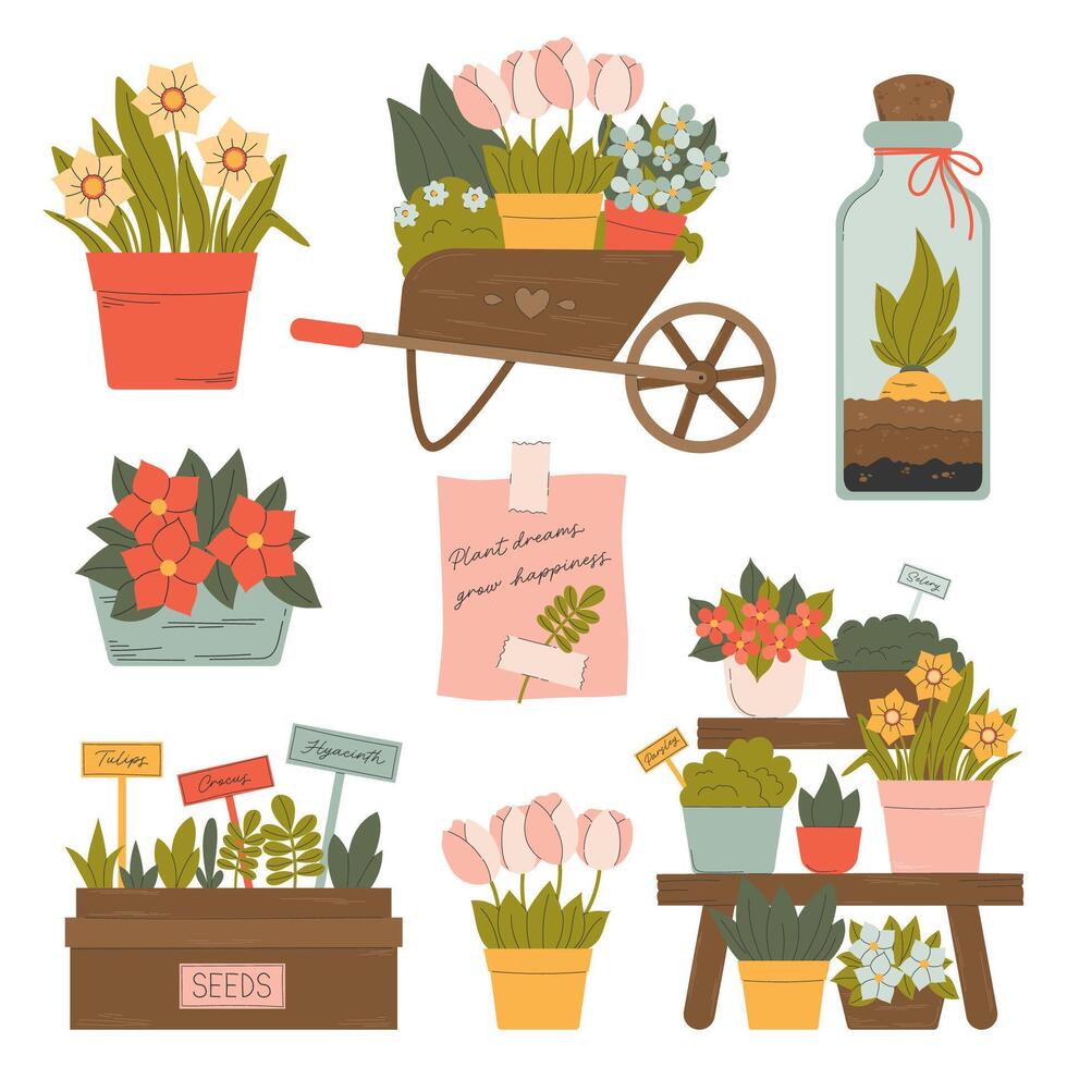 Spring Gardening Elements Set with Potted Flowers. vector