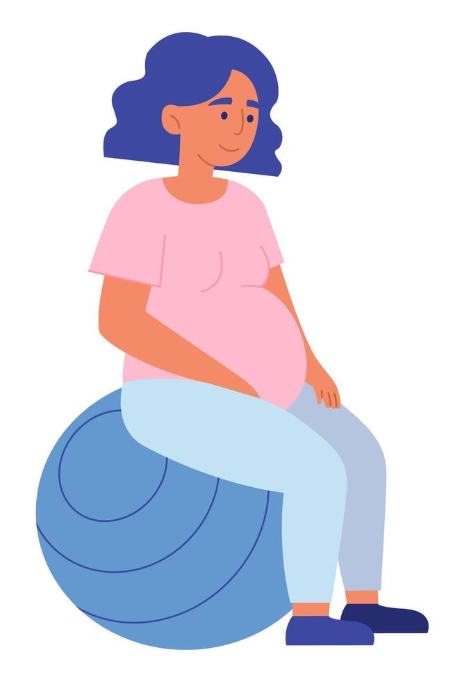 Pregnant Woman with Belly Sits on Exercise Ball. vector