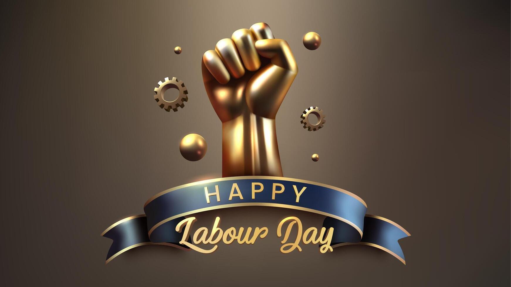 3D Golden Fist Labour Day Celebration with Dark Blue Ribbon, Illustration vector
