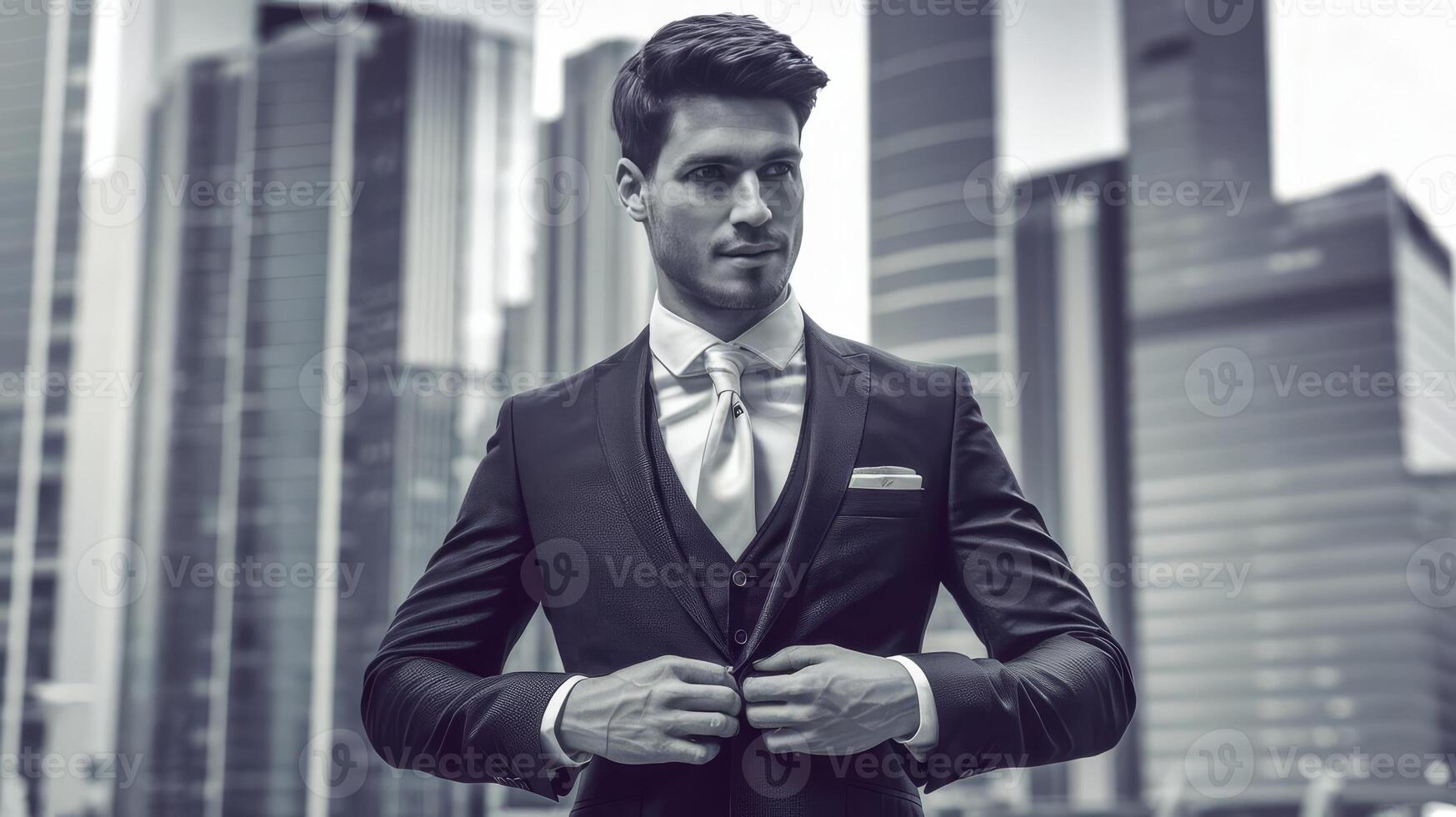 A man in a suit and tie standing in front of a city photo