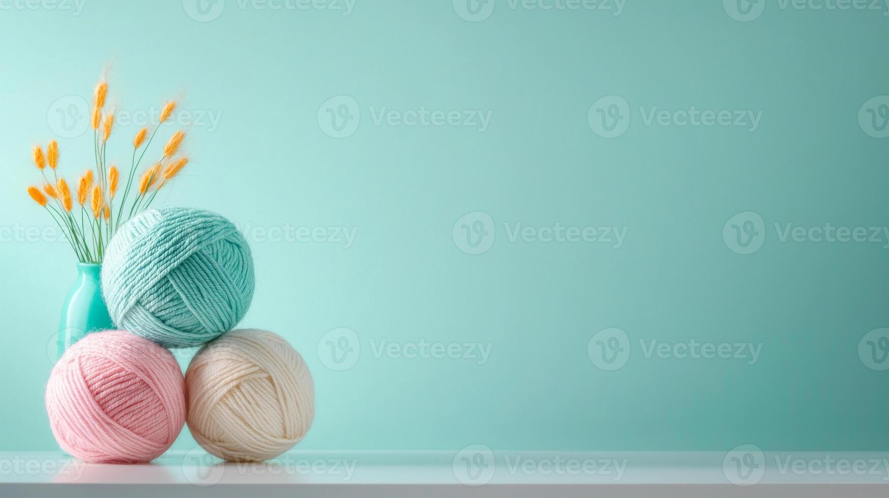 Three pastel yarn balls and vase with dried flowers on shelf against mint green background photo