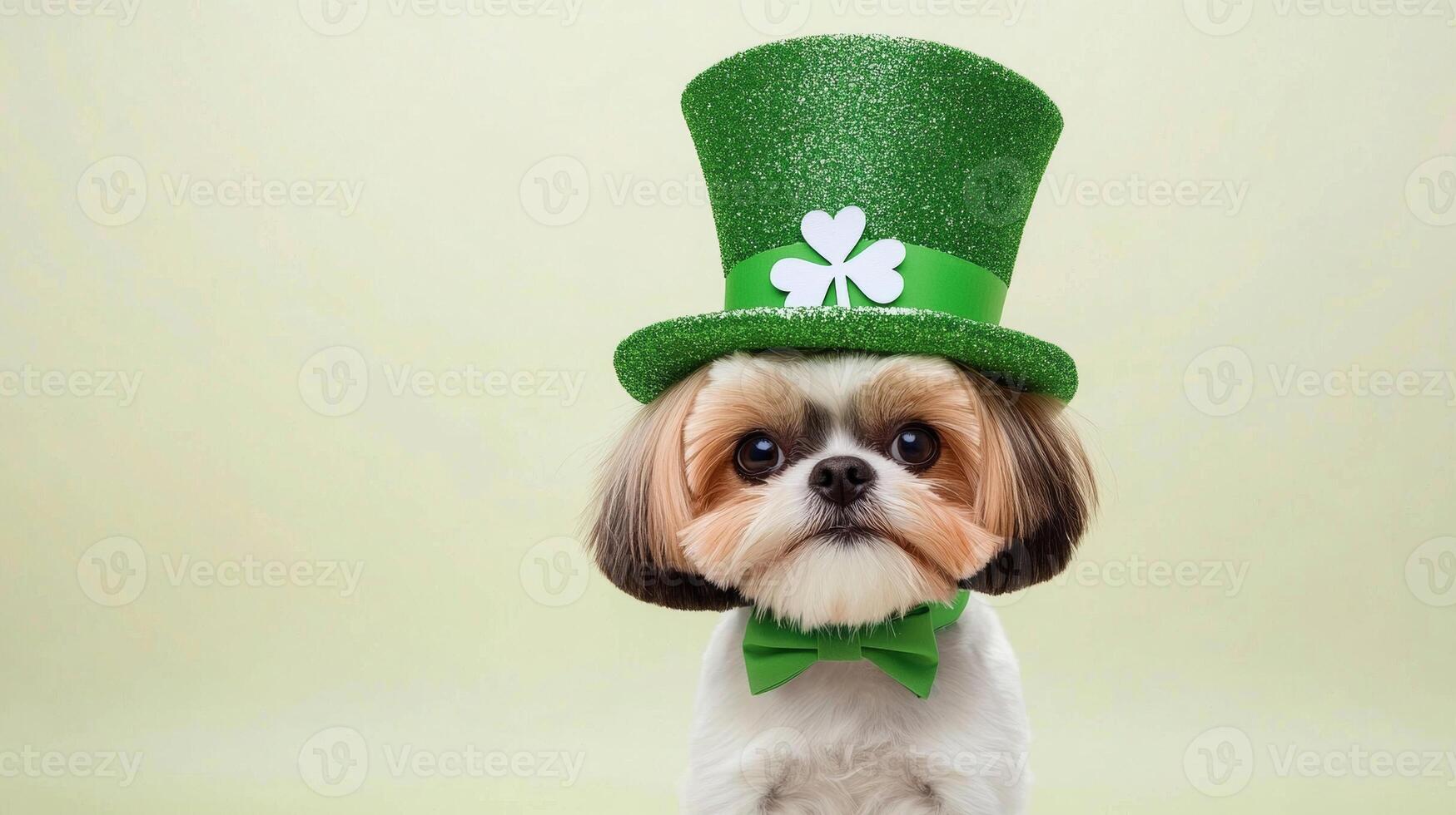 Shih Tzu wearing glittery green leprechaun hat and bow tie, looking festive photo