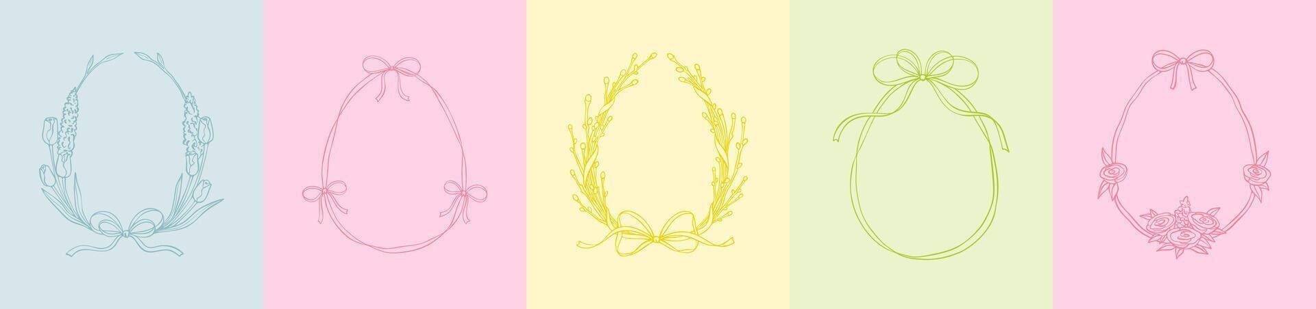 Set of cute line doodle easter eggs frames in trendy spring colors. Floral and whimsical bow ribbon coquette borders. Willow, tulip, rose flowers summer wreath collection. Hand drawn sketch vector
