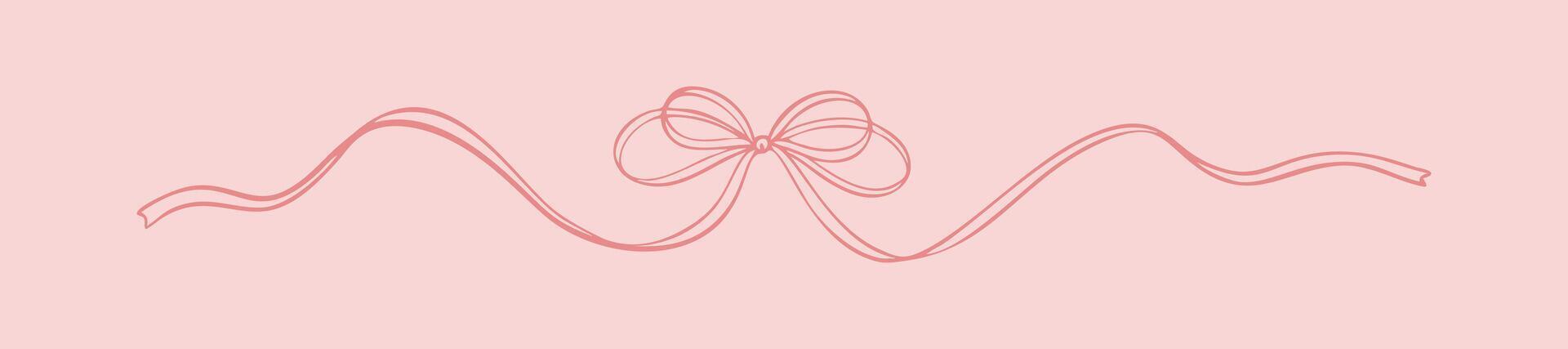 Bow ribbon pink divider. Coquette girly sketch illustration in sketch stile. Hand drawn border. Christmas present, birthday gift tape pack. Elegant horizontal tinsel. Cute line minimal doodle vector