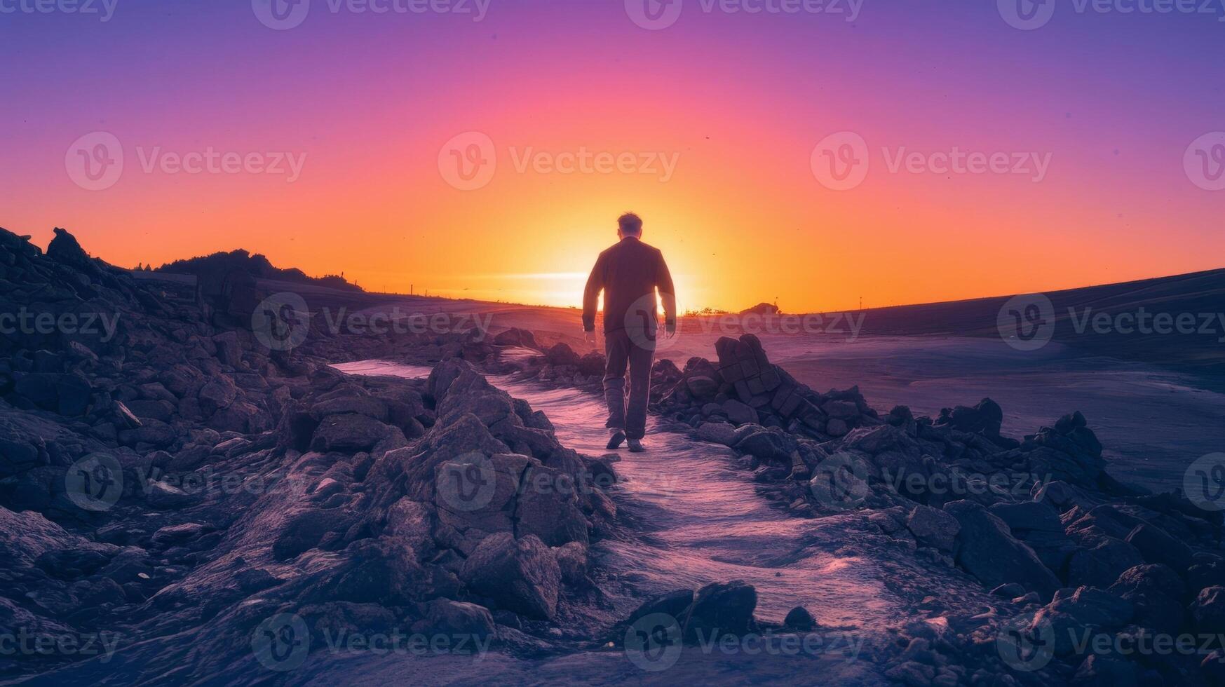 Man walking on a path in the desert at sunset photo