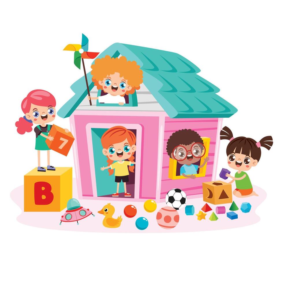 Kids Having Fun At Playhouse vector
