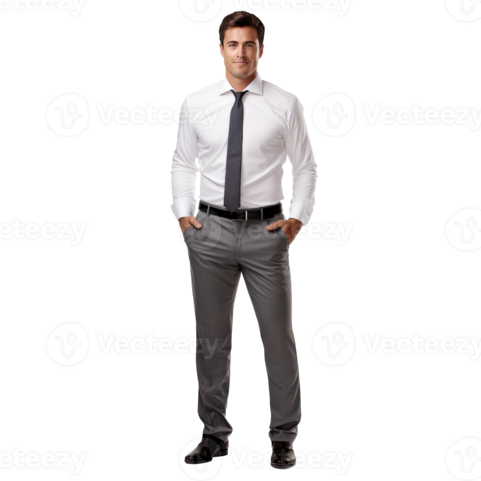 A man wearing a gray tie and gray pants isolated on transparent background png