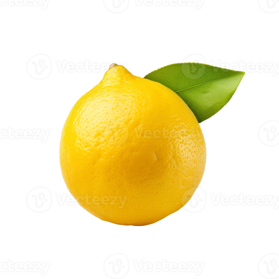 A yellow lemon with a green leaf isolated on transparent background png