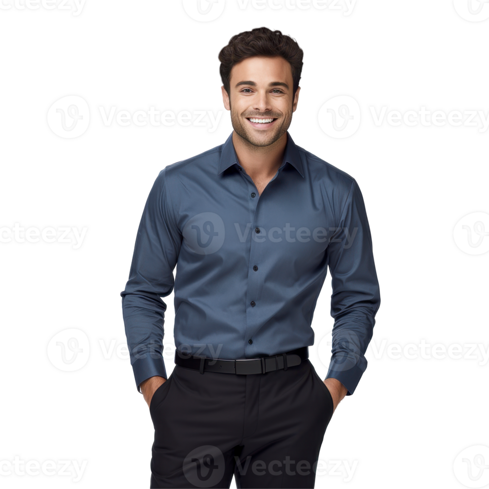 A man is wearing a blue shirt and black pants isolated on transparent background png