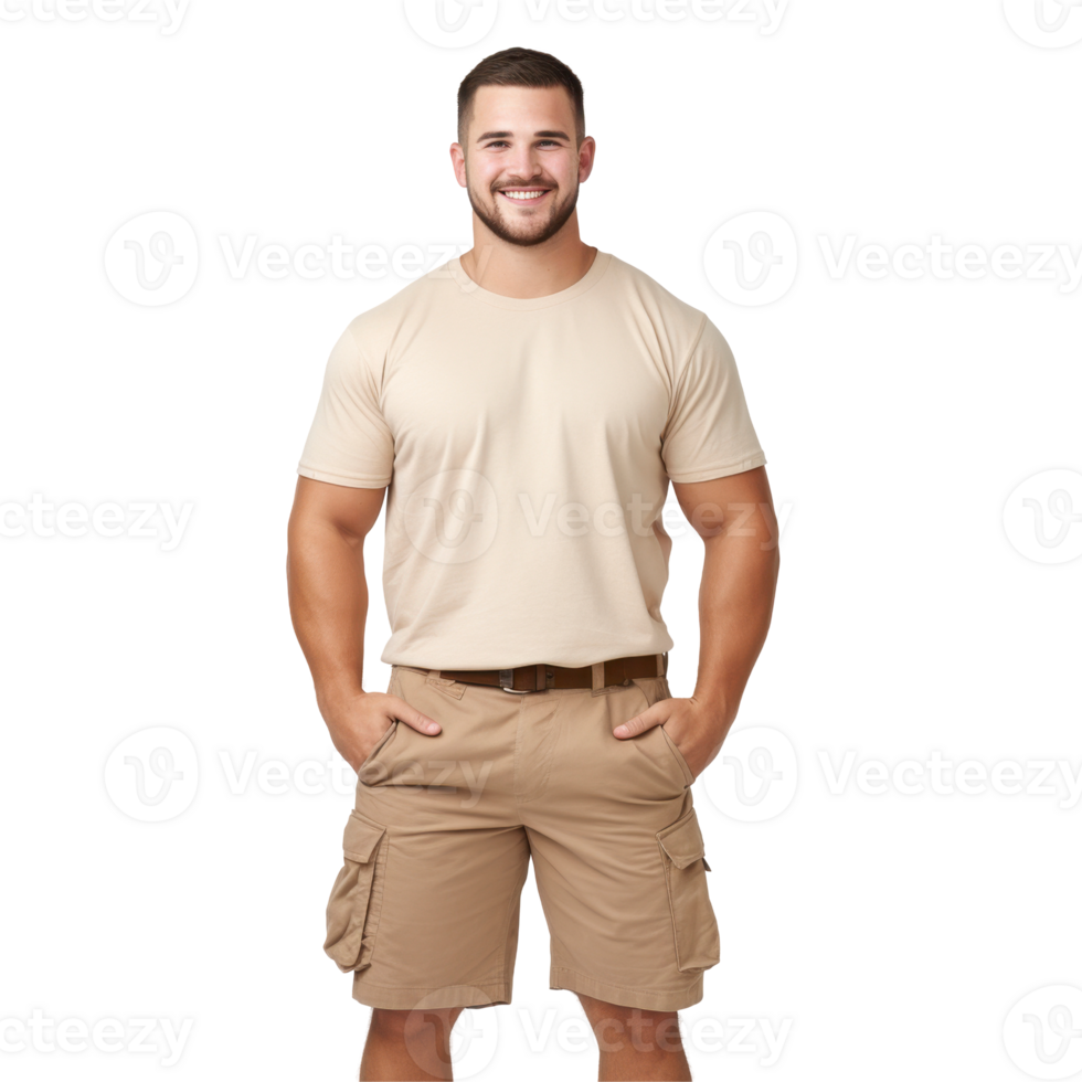 A man is a wearing a tan shirt and khaki shorts isolated on transparent background png