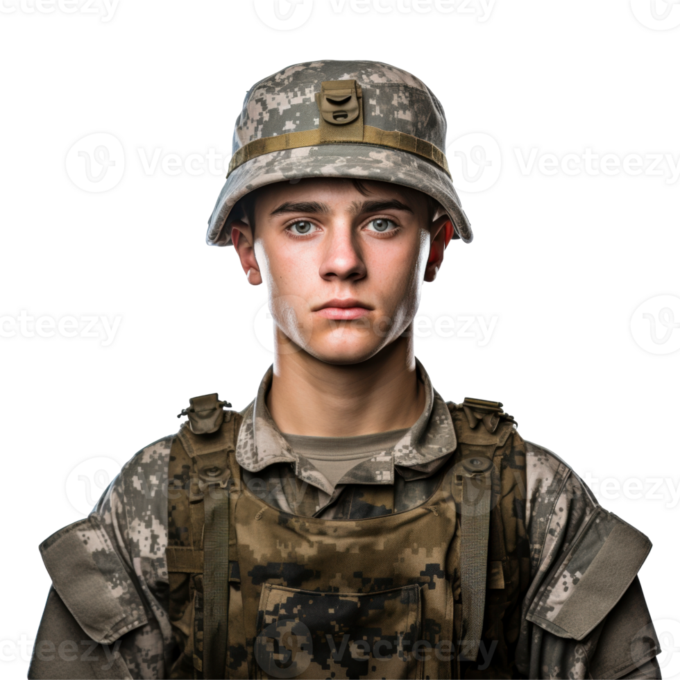 A young man in a military uniform is wearing a camouflage hat isolated on transparent background png