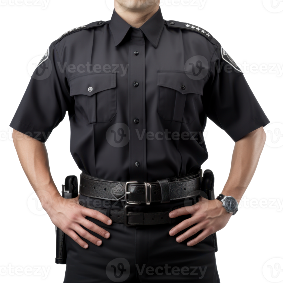 A man in a black uniform with a watch on his wrist isolated on transparent background png