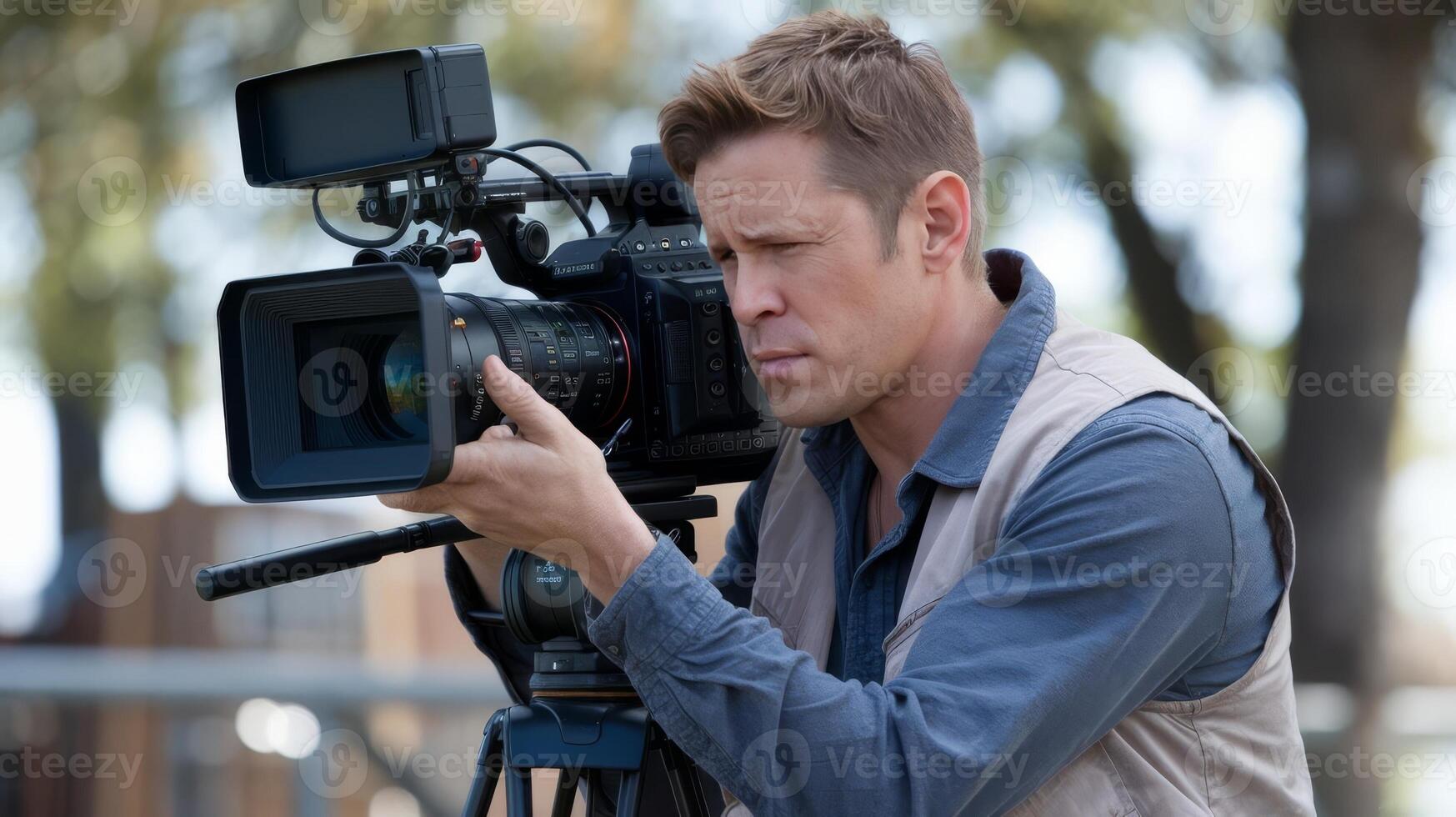 A man holding a camera while standing in front of a tree photo