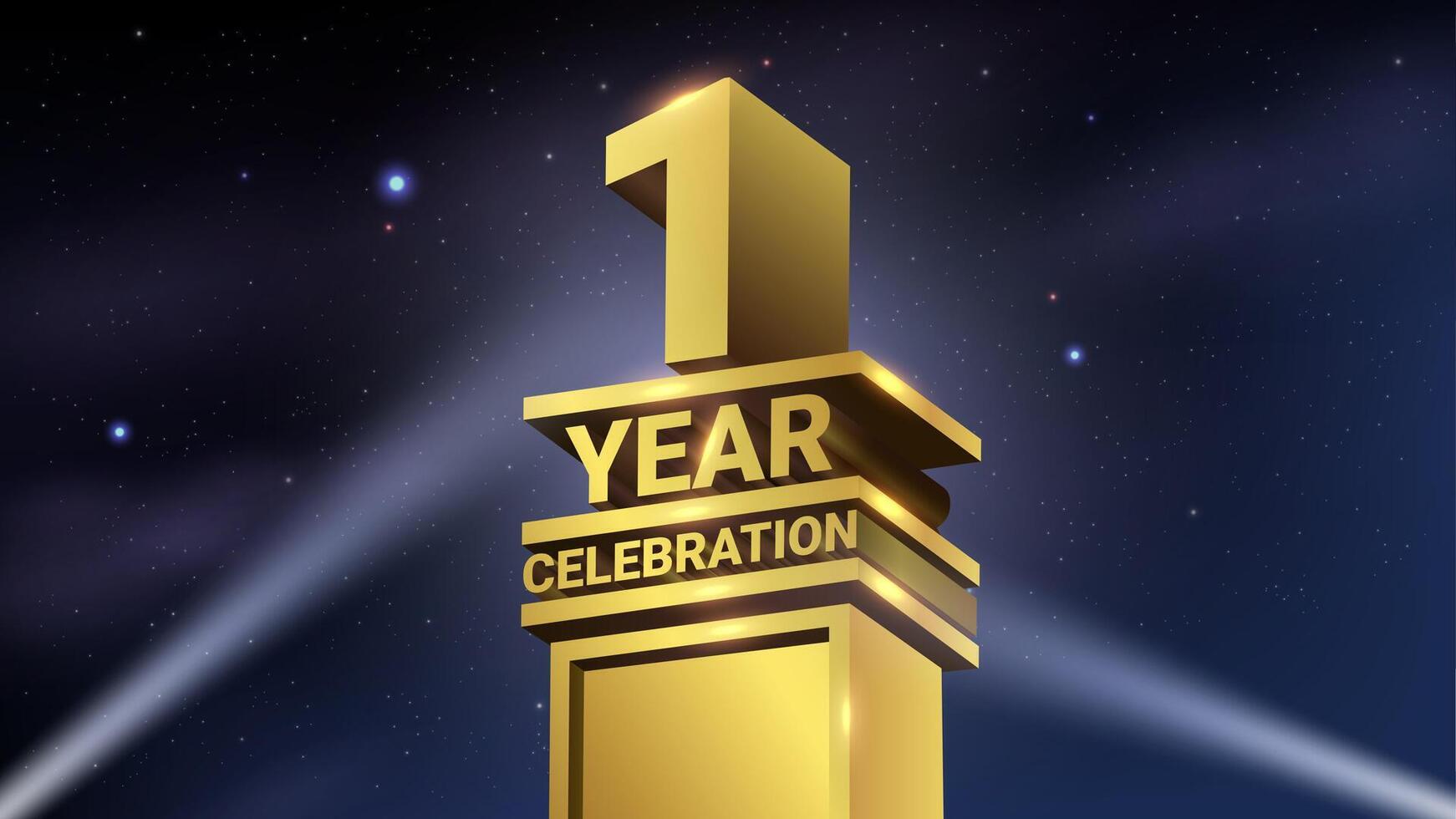 1st Year Celebration, 3D Gold Statue with Spotlights, Luxury Hollywood Light, Illustration vector
