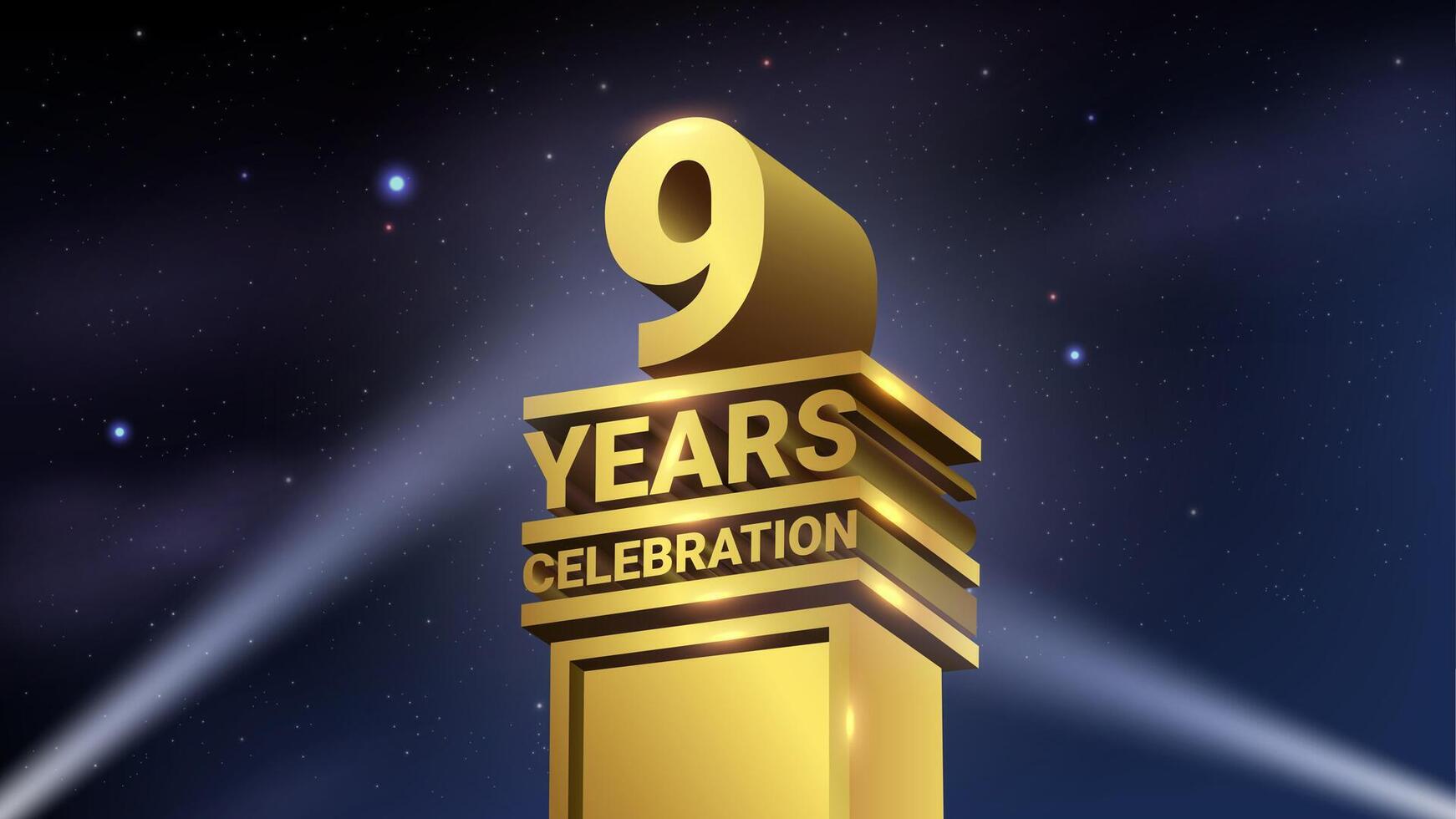 9th Years Celebration, 3D Gold Statue with Spotlights, Luxury Hollywood Light, Illustration vector