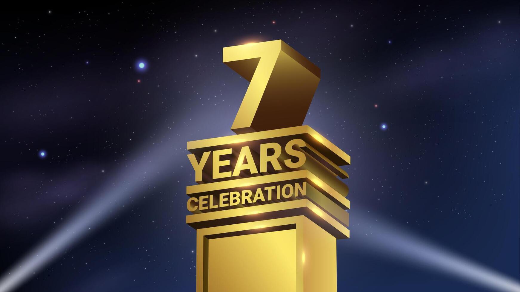 7th Years Celebration, 3D Gold Statue with Spotlights, Luxury Hollywood Light, Illustration vector