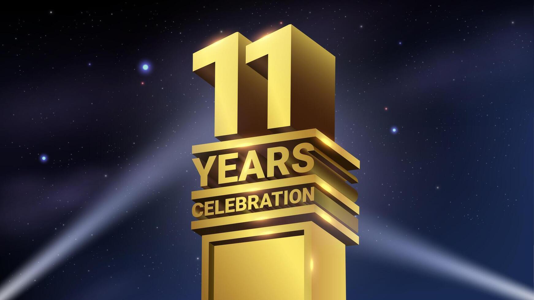 11th Years Celebration, 3D Gold Statue with Spotlights, Luxury Hollywood Light, Illustration vector
