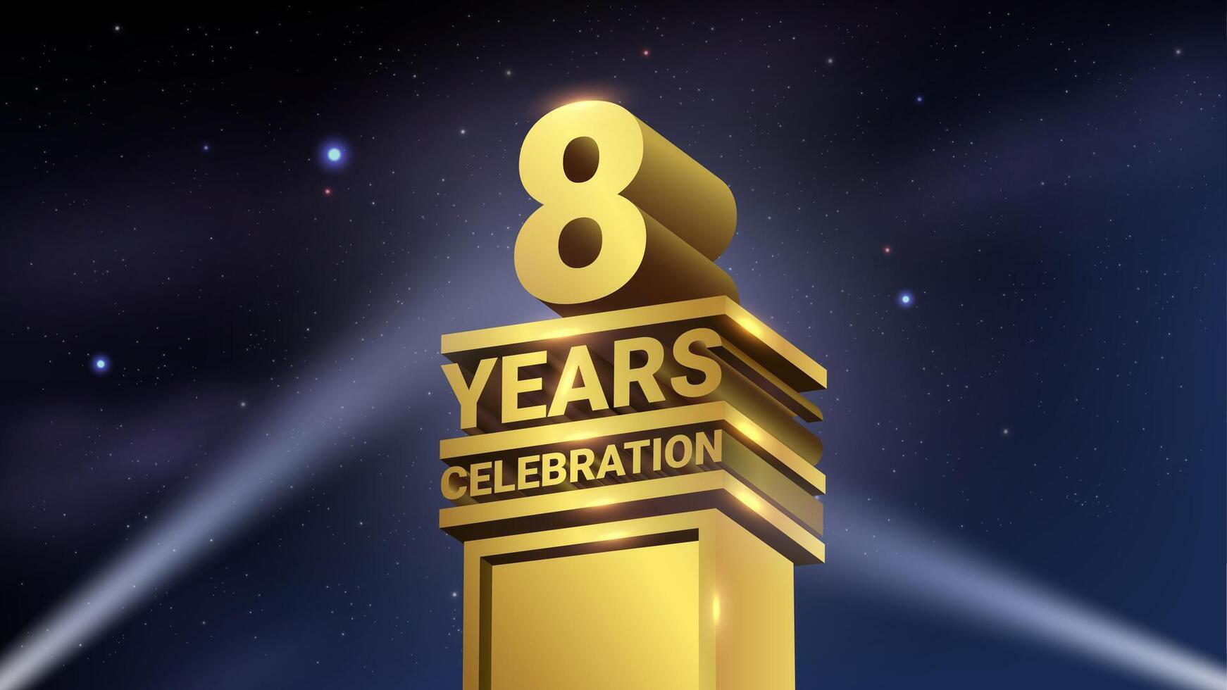 8th Years Celebration, 3D Gold Statue with Spotlights, Luxury Hollywood Light, Illustration vector