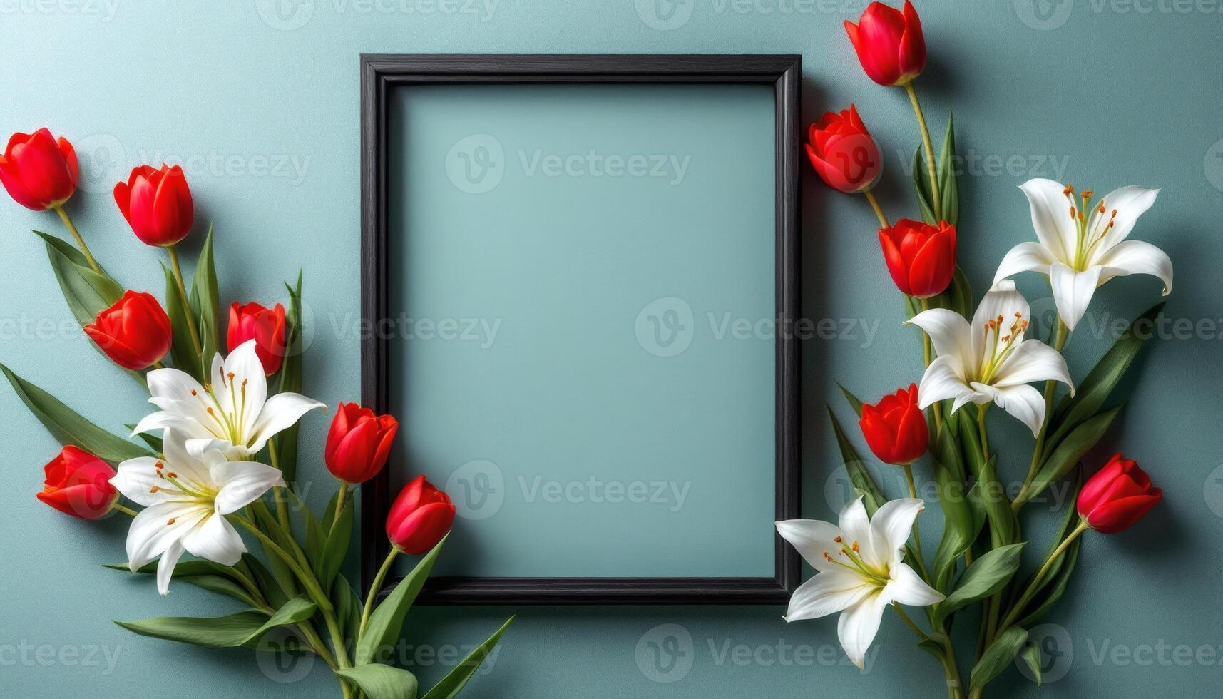 Elegant Red Tulips and White Lilies Frame Flat Lay photo