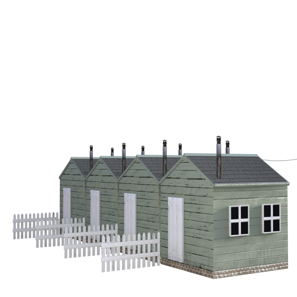A row of green houses with white pickets png
