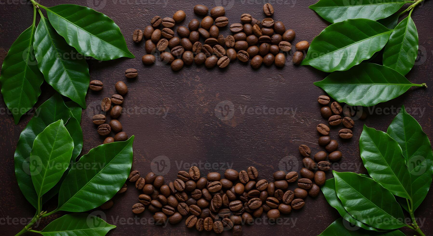 Coffee Beans and Green Leaves Framing a Dark Rustic Surface photo