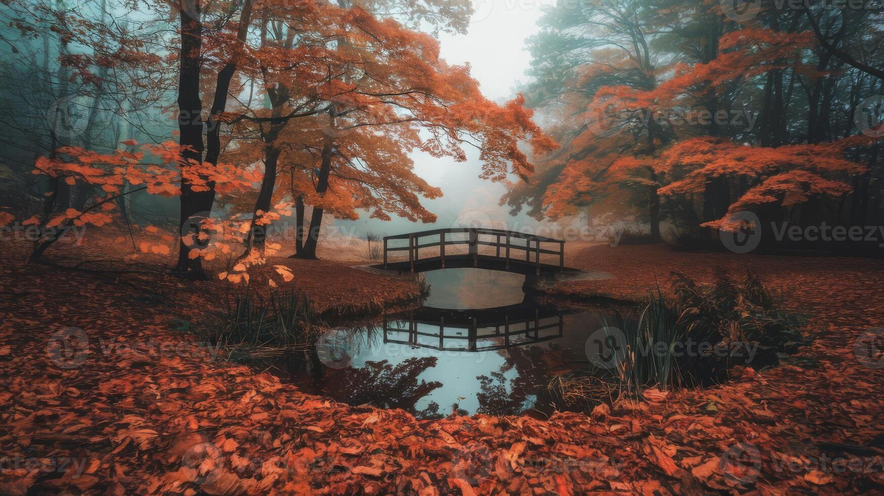 An autumn scene with a bridge over a pond photo