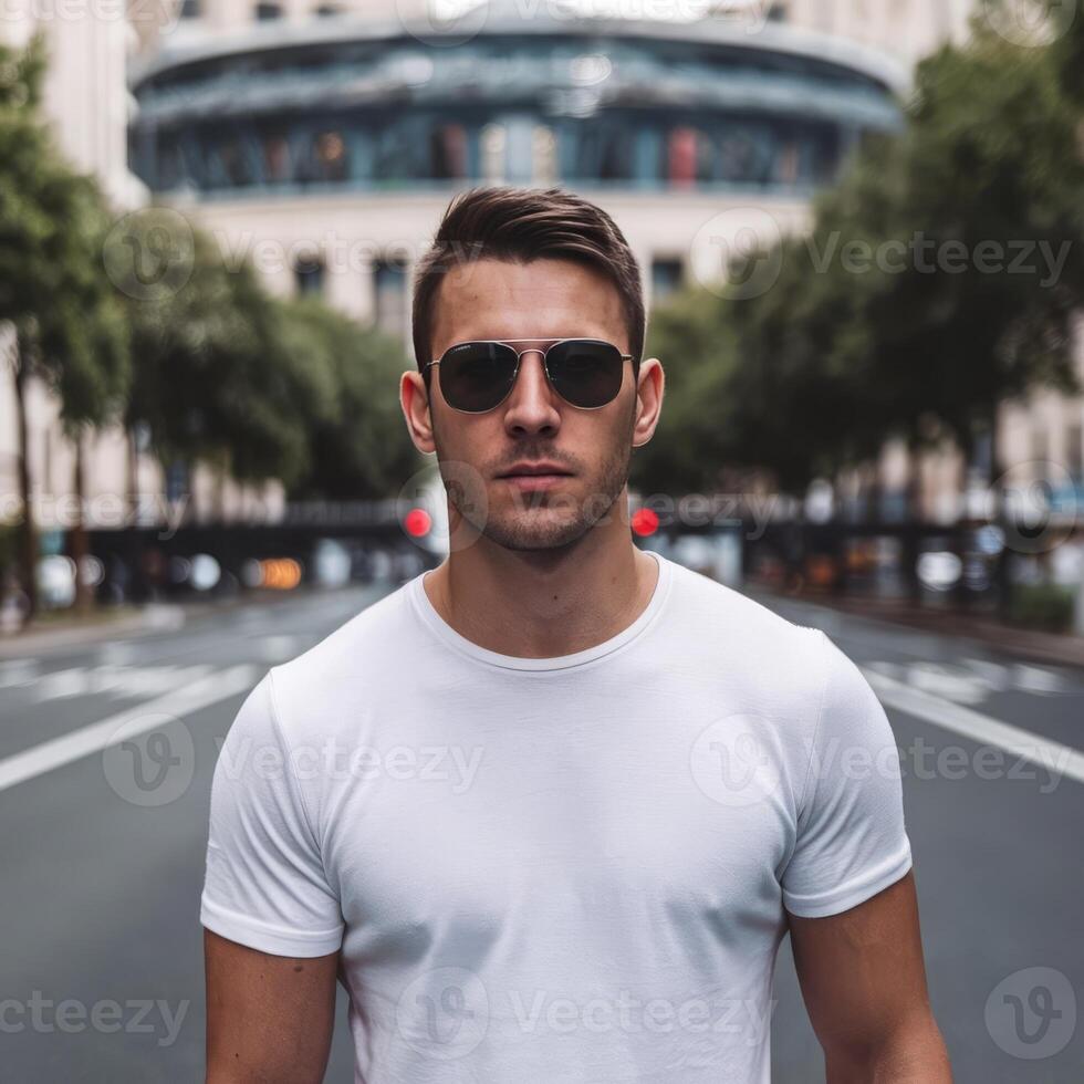 A man in sunglasses standing on a street photo