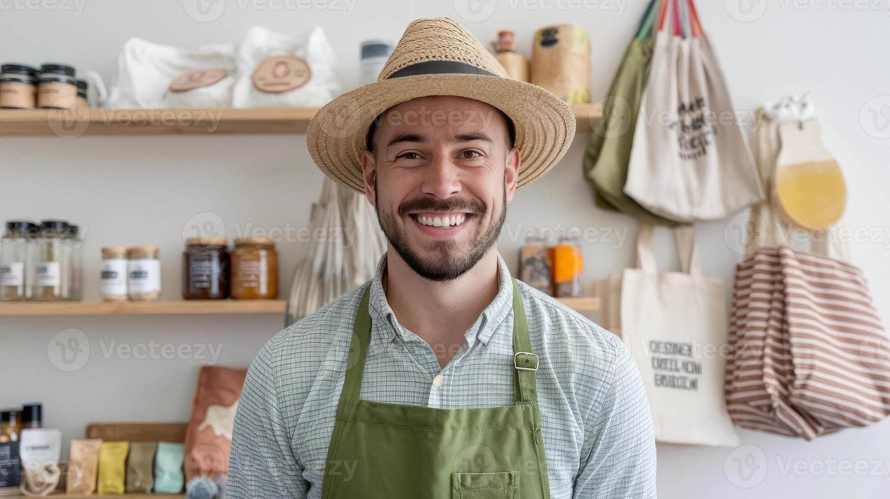 A smiling man in a hat standing in front of shelves photo